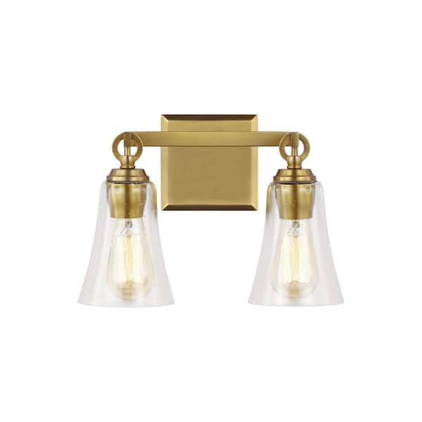 Generation Lighting Monterro 13.5 in. W. 2-Light Burnished Brass Vanity Light with Clear Seeded Glass Shades