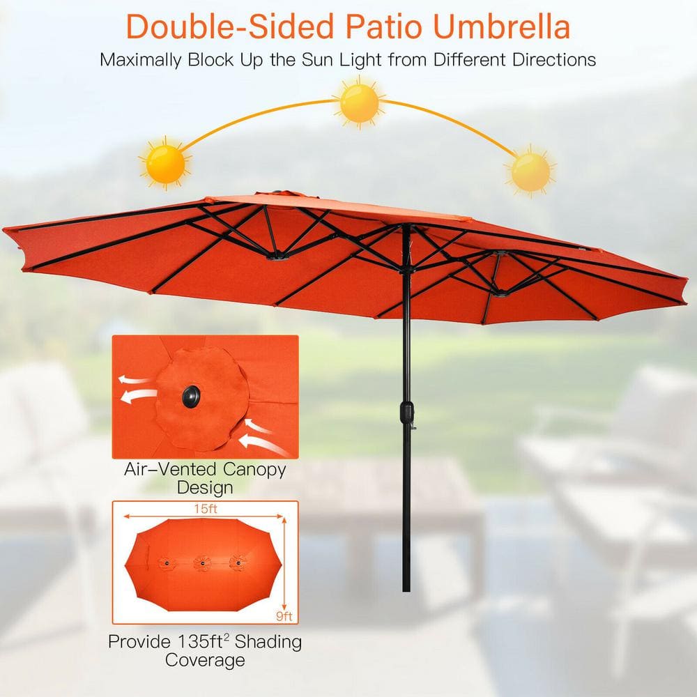 15 ft Orange Double-Sided Patio Umbrella with Crank and Base