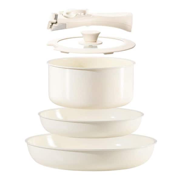5 Piece Ceramic Nonstick Cookware Set with Removable Handle Induction Dishwasher Oven Safe Cream White