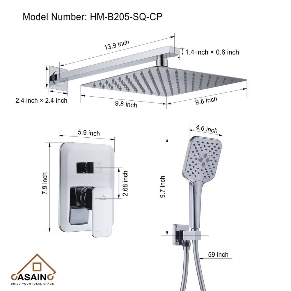 Chrome Dual Square Rain Handheld Wall Mounted Shower System