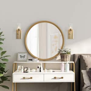 Modern Funnel Bathroom Vanity Light 1-Light Gold Square Bedroom Wall Light with Seeded Glass Shade