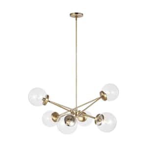 Tierney 6-Light Satin Brass Hanging Chandelier with Clear Glass Shades