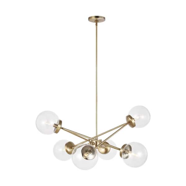 Generation Lighting Tierney 6-Light Satin Brass Hanging Chandelier with Clear Glass Shades