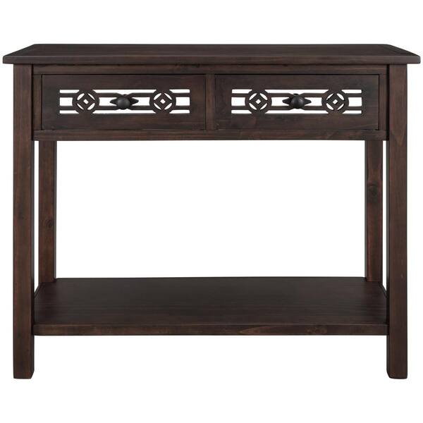STICKON 35.4 in. L Espresso Standard Rectangle Wood Console Table with 2-Drawers and Shelf