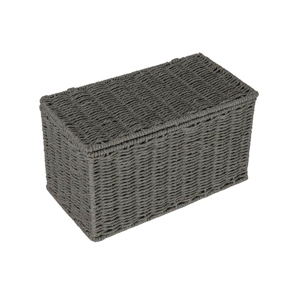 HOUSEHOLD ESSENTIALS Gray Small Handwoven Paper Rope Wicker Decorative Basket with Lid