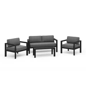 Grayton 4-Piece Gray Aluminum Conversation Set with Loveseat, 2 Lounge Chairs and Coffee Table with Gray Cushions