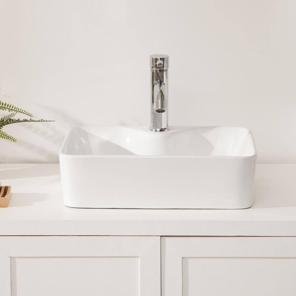 19" White Ceramic Rectangular Vessel Bathroom Sink