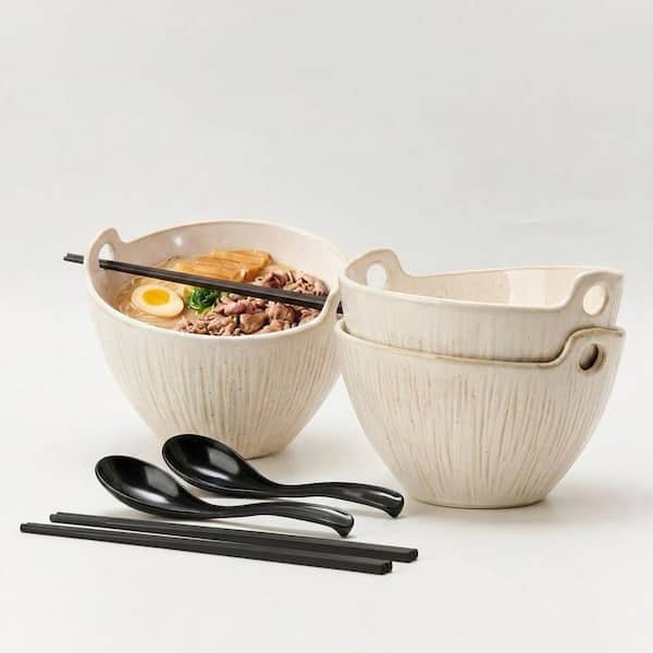 KHKFY 7 in. Ceramic Noodle Bowl (Set of 2) with Chopsticks and