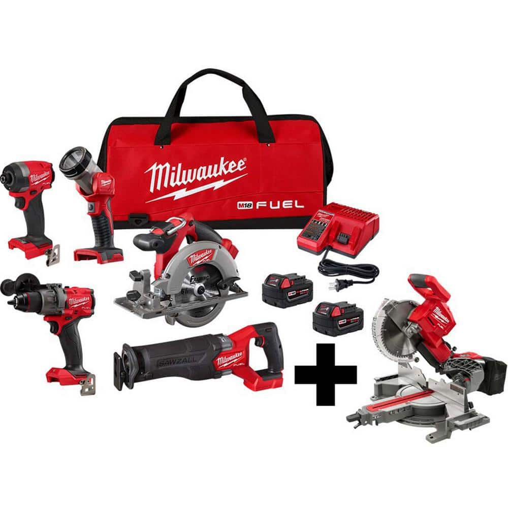 M18 FUEL 18-Volt Lithium-Ion Brushless Cordless Combo Kit (5-Tool) with 10 in Dual Bevel Sliding Compound Miter Saw -  Milwaukee