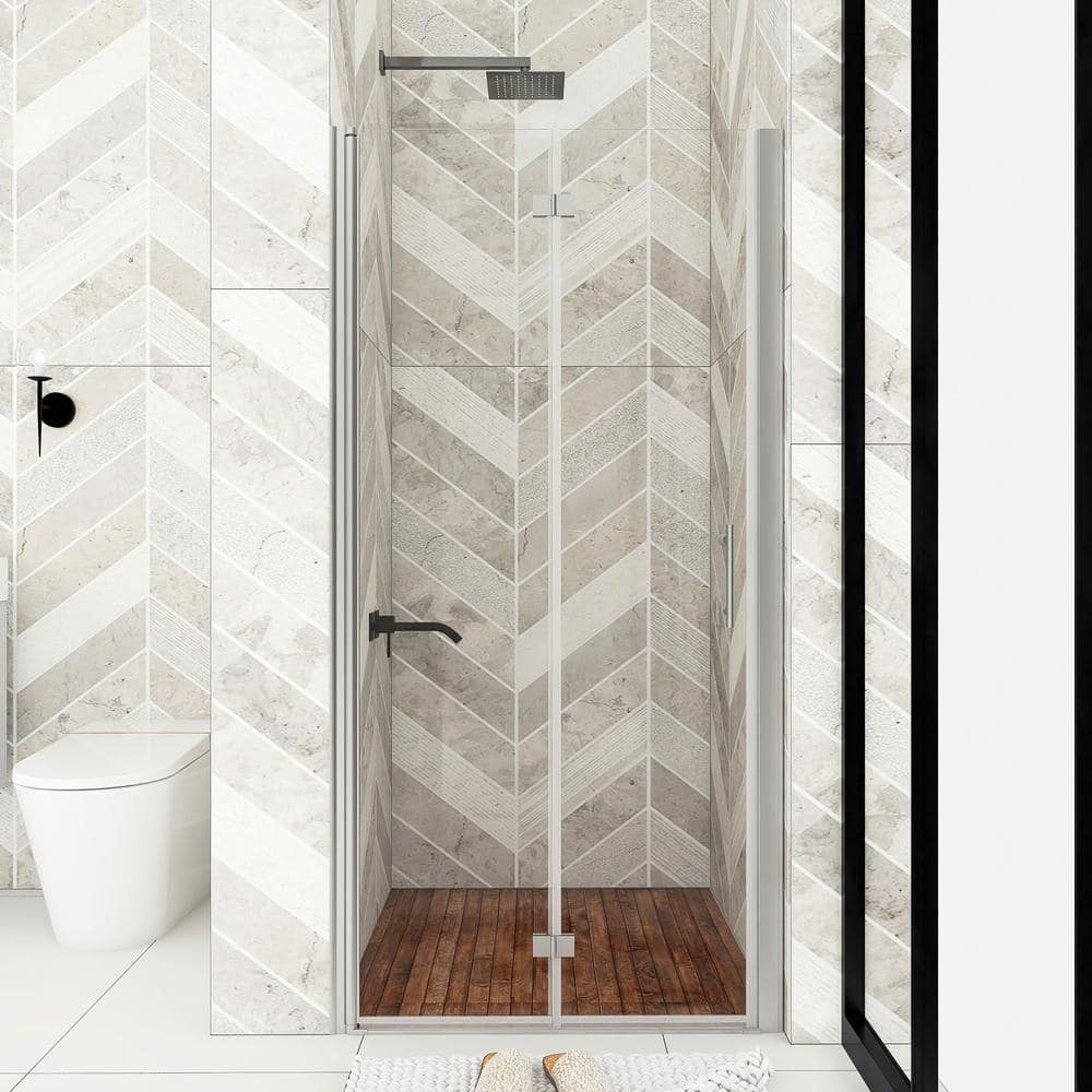 31 in. W x 72 in. H Bi Fold Semi Frameless Shower Door in Chrome with Clear