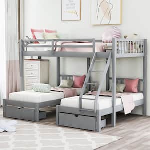 Gray Full Over Twin Wood Triple Bunk Bed with Drawers and Guardrails