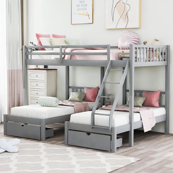 Harper & Bright Designs Gray Full Over Twin Wood Triple Bunk Bed with Drawers and Guardrails