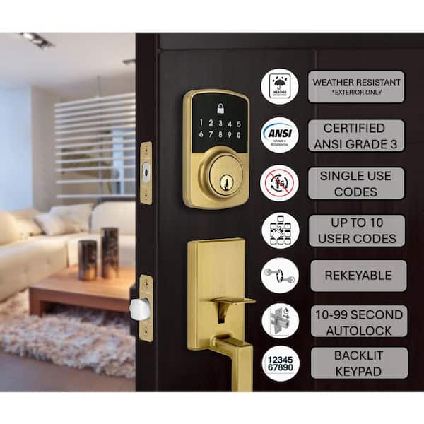 Square Compact Brushed Gold Electronic Single Cylinder Deadbolt Wi-Fi Enabled Powered by Hubspace