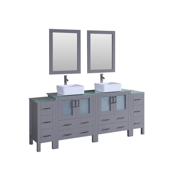 Bosconi 84 in. Double Vanity in Gray with Tempered Glass Vanity Top in Green with White Basin Polished Chrome Faucet and Mirror