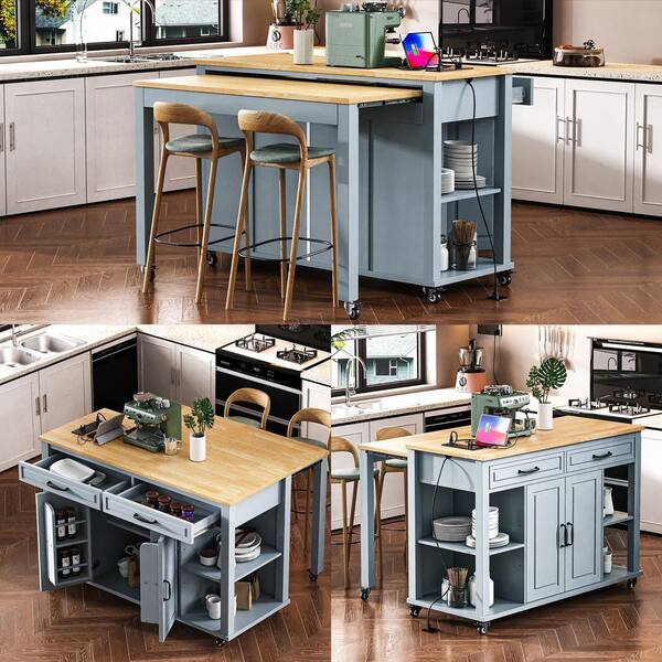 keichan’s* Xzkai Blue Wood 47 in. Kitchen Island with Extendable Dining Table
