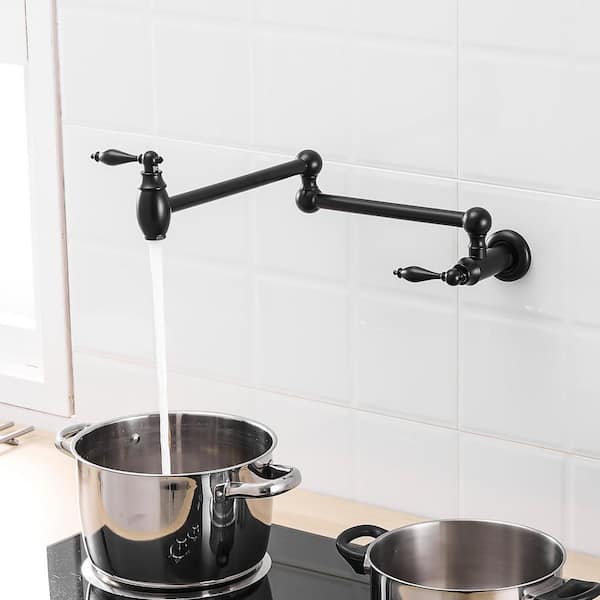 Wall Mount Pot Filler 2 Handles with Double Joint Swing Arms in Matte Black