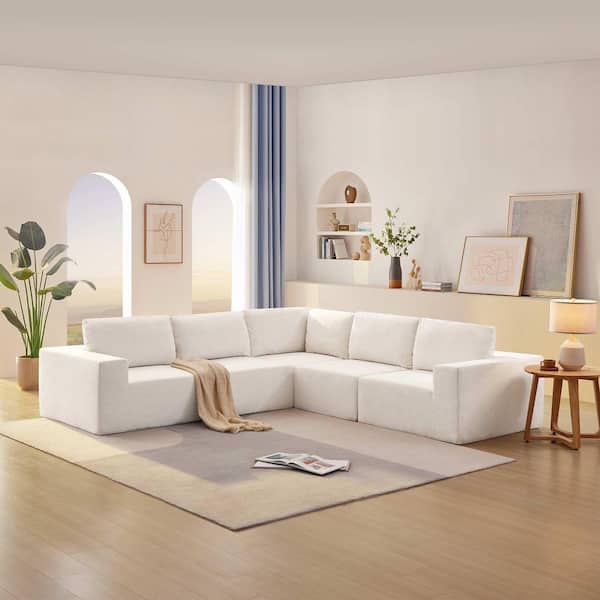 147 in. Square Arm Fabric Sectional Sofa with Wide Seat in. Beige