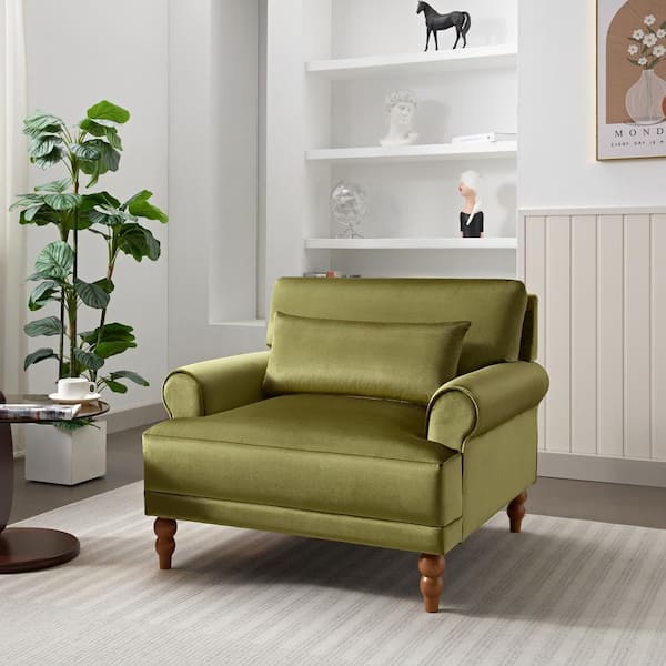 Noble House Hardi Velvet Upholstered Accent Chair, with Pillow Wood Frame and Legs, Green
