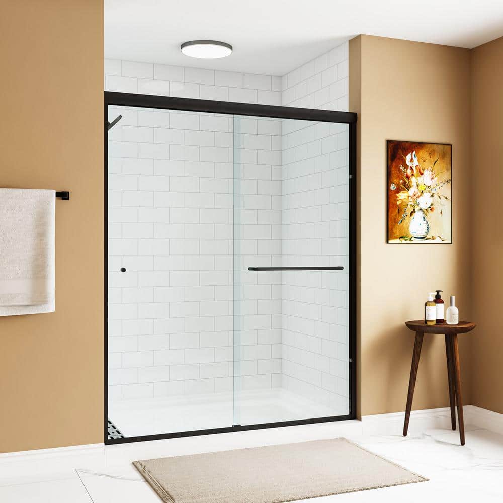 59" Matte Black Semi-Frameless Sliding Shower Door with Clear Glass