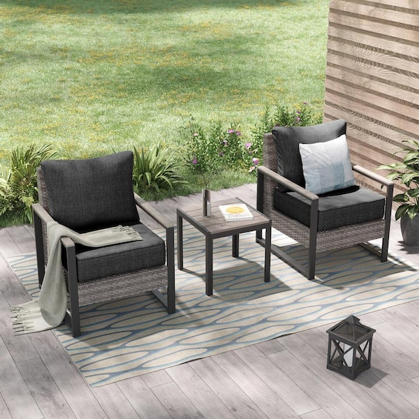 Sonkuki 3 Pieces Patio Conversation Set with Chairs and Side Table Gray PE Wicker Patio Furniture with Black Cushion