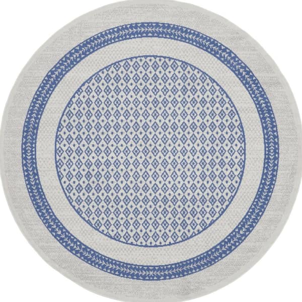 8 ft. Round Blue Geometric Washable Area Rug
