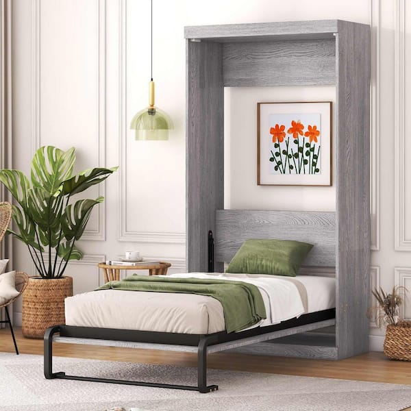 Gray Wood Frame Twin Size Murphy Bed with can be Folded into a Cabinet Designed