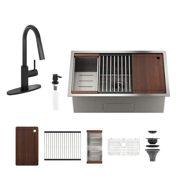 36 in. Undermount Single Bowl 18-Gauge Brushed Stainless Steel Kitchen Sink with Matte Black Faucet and Accessories Kits