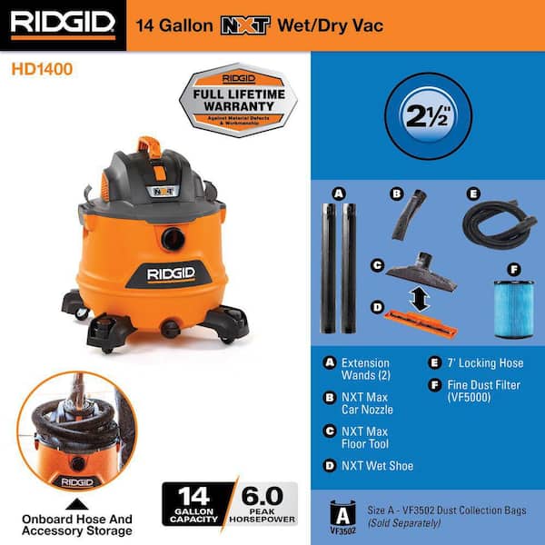 14 Gal. 6.0 Peak HP NXT Shop Vacuum Wet Dry Vac with Fine Dust Filter, Locking Hose, Wands and Attachments HD1400