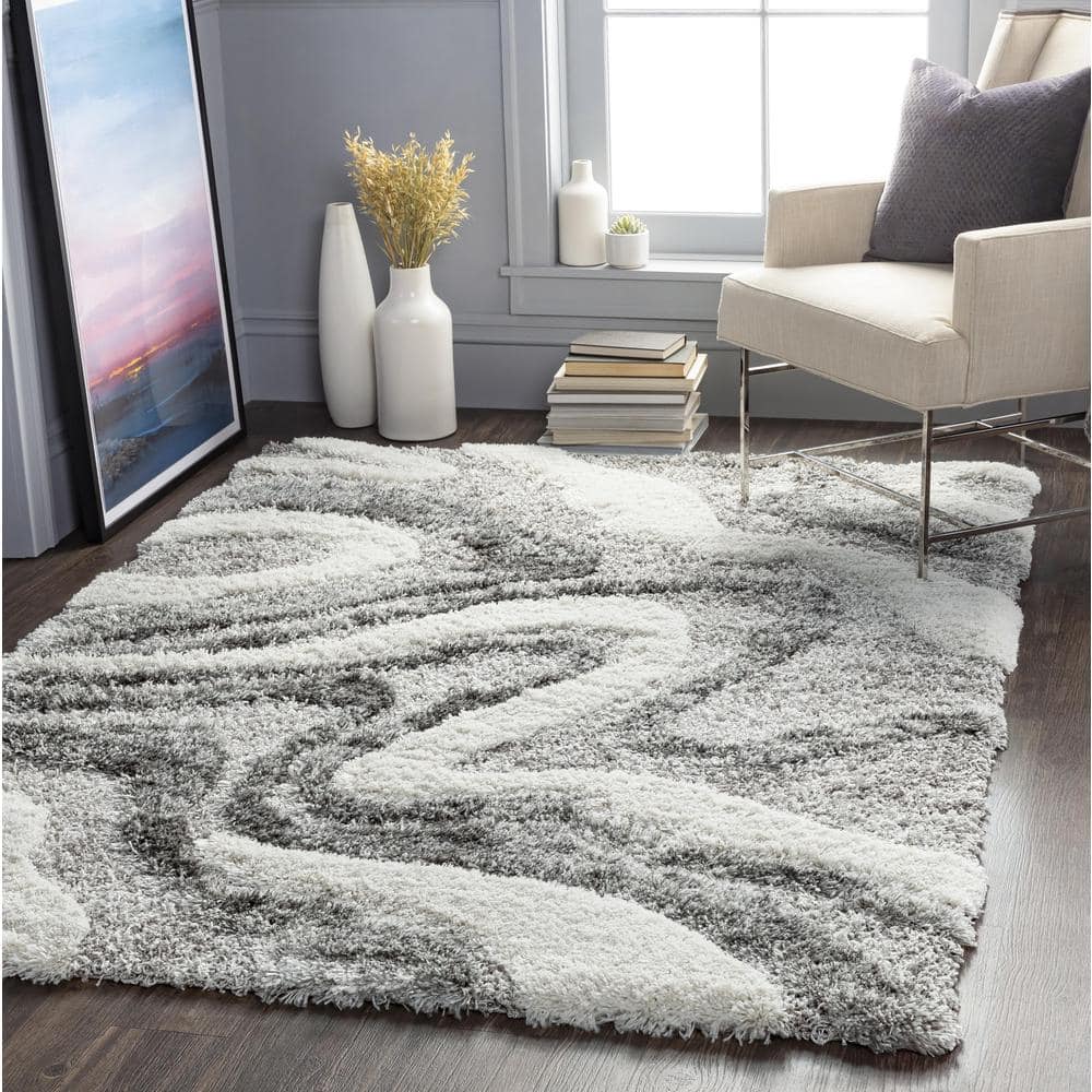 Abstract Splatter Cozy Shag Rug in Gray, 2' x 3', Stain-Resistant