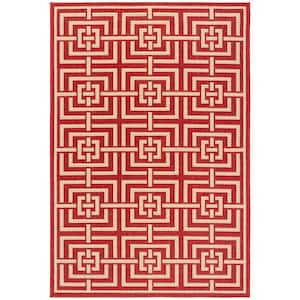 Beach House Red/Cream Doormat 3 ft. x 5 ft. Geometric Indoor/Outdoor Patio Area Rug