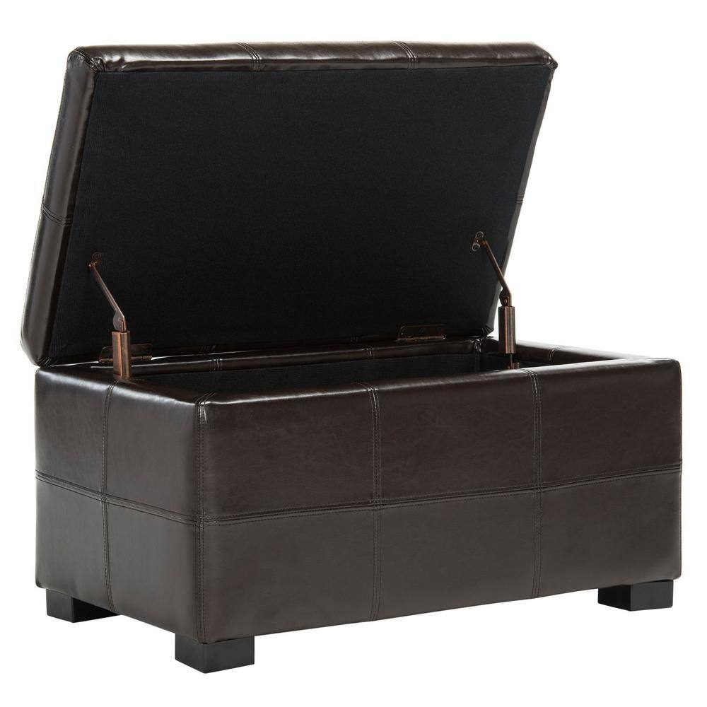 Small Brown Leather Storage Bench with Birch Wood
