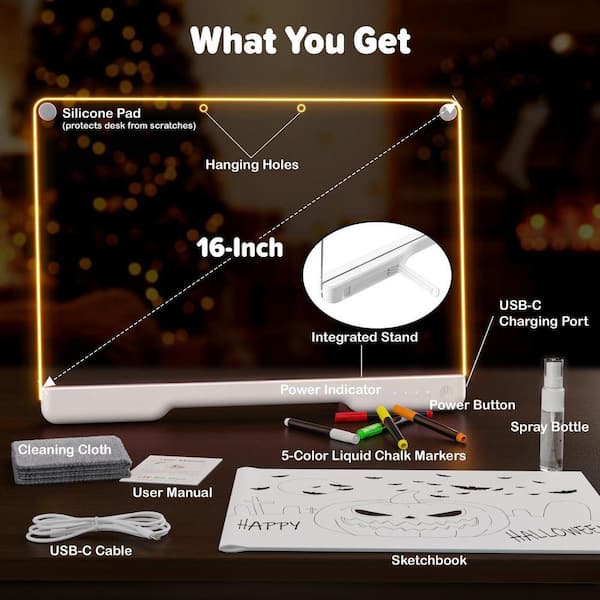 16 in. LED Drawing Board 7-Color Light, Rechargeable Neon Art Dry