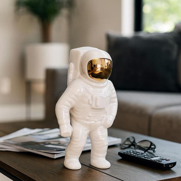 White 6 in. x 11 in. Modern Stoneware and Ceramic Astronaut Sleek Space Figurine