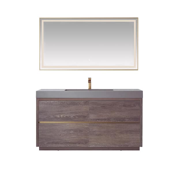 ROSWELL Huesca 60 in. W x 20 in. D x 33.9 in. H Single Sink Bath Vanity in N. Carolina Oak with Gray Composite Top and Mirror