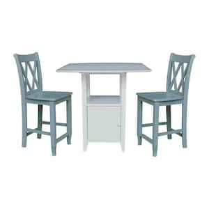 Set of 3 pcs - White/Chalk Dual drop leaf bistro table - counter height - with storage - 2 counter height side stools