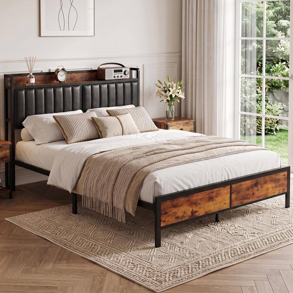 Industrial Rustic Black Metal Frame Queen Size Platform Bed with Storage Headboard & Underbed Storage price history on PriceWatchPro