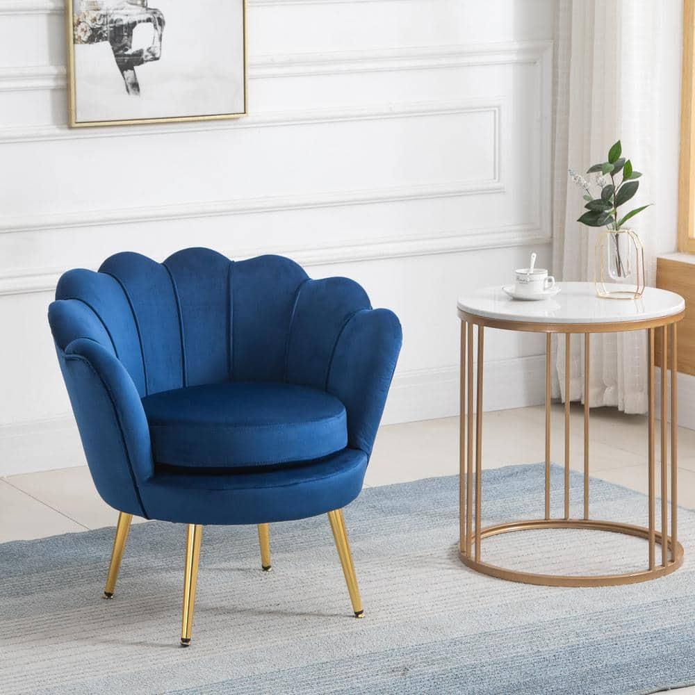 Elegant Lotus Blue Velvet Accent Chair with Gold Metal Legs