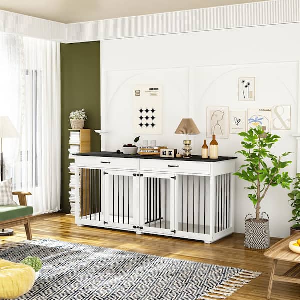 FUFU&GAGA White Furniture Style Dog Crate Large Wooden Dog Kennels with Drawers and Divider, Heavy-Duty Indoor Dog Cage for 2 Dogs