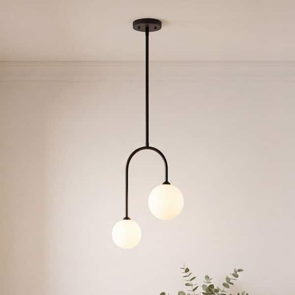Chester 12 in. W x 17.5 in. H 2-Light Matte Black Pendant Light with White Opal Glass Shades