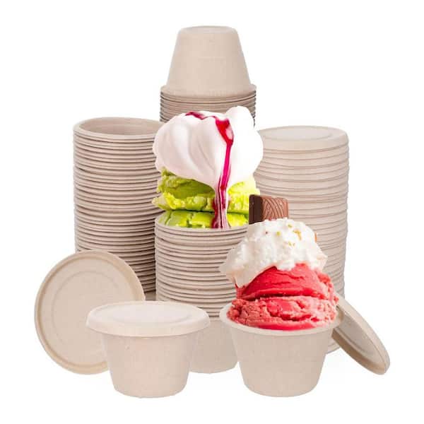 Compostable Natural Fiber Paper Ice Cream Portion Cup Lid for 4 oz Cups Disposable Food Storage 150-Pack