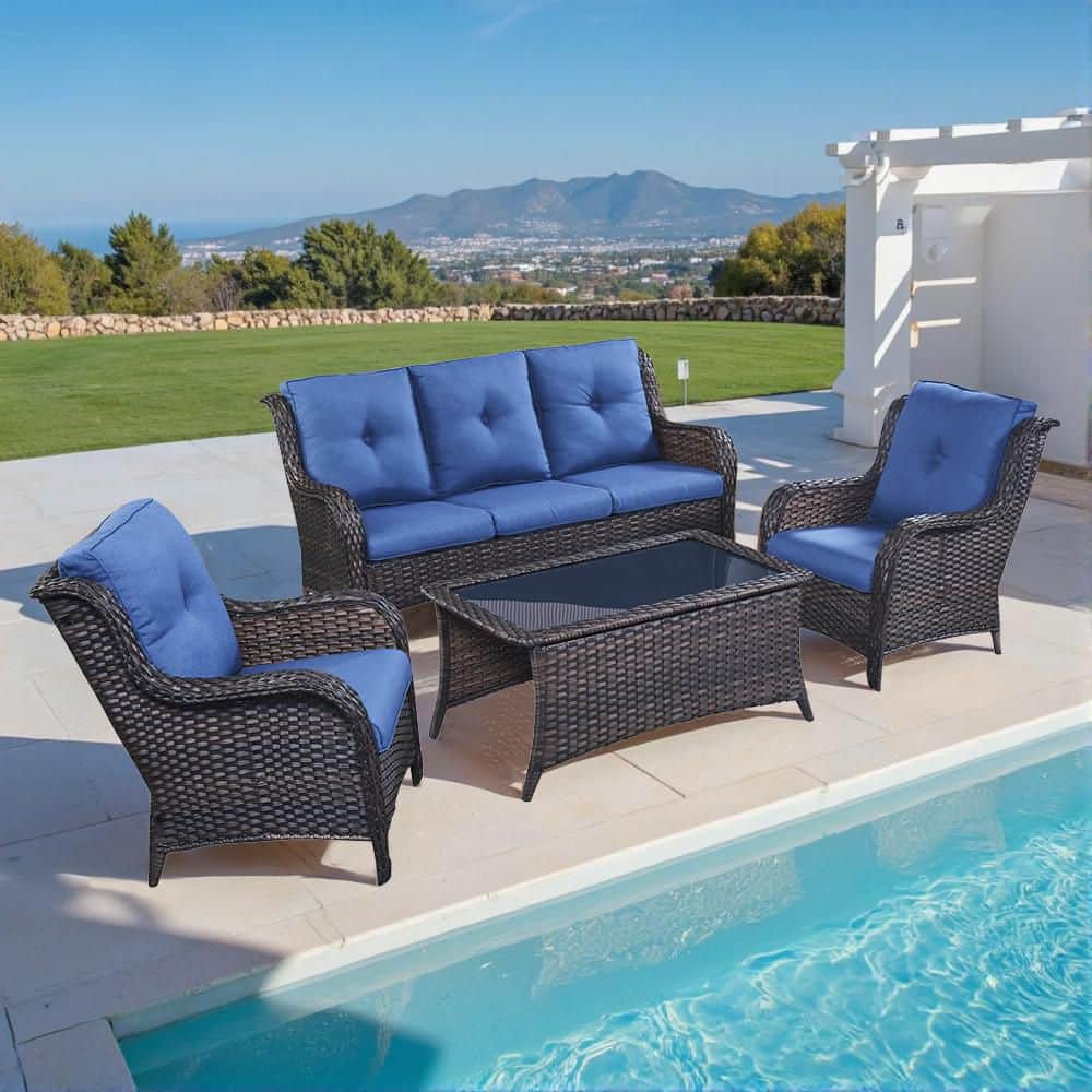 4-Piece Wicker Outdoor Patio Seating Conversation Set Sectional Sofa Glass Coffee Table with Blue Cushions price history on PriceWatchPro