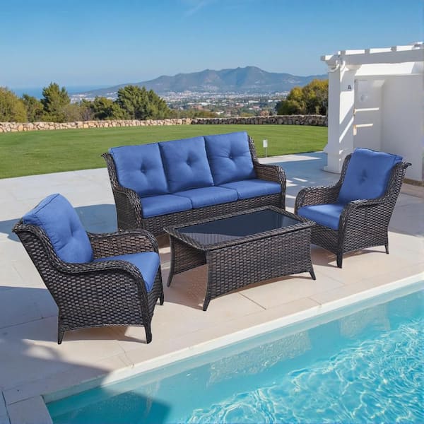 Pocassy 4-Piece Wicker Outdoor Patio Seating Conversation Set Sectional Sofa Glass Coffee Table with Blue Cushions