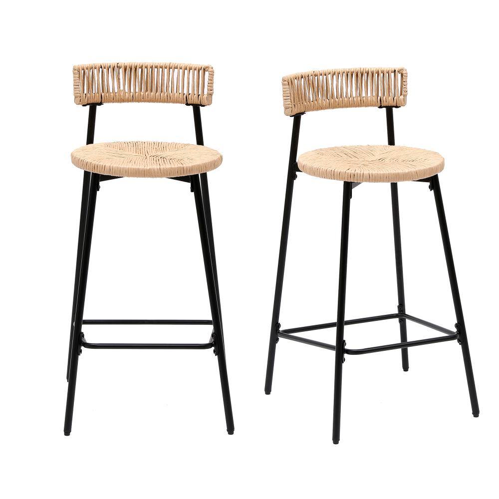 Set of two honey-colored hand-woven paper rope bar stools with black metal frames.