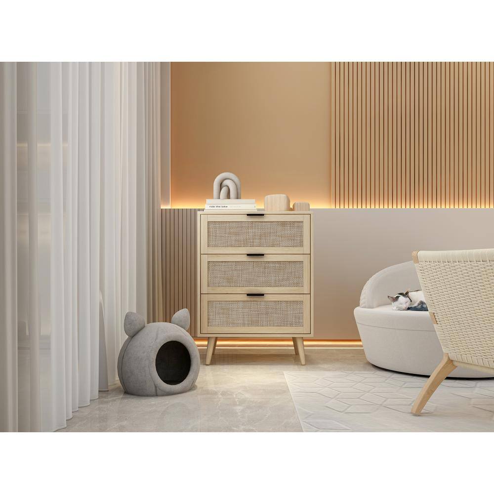 Natural Rattan and Pine 3-Drawer Accent Cabinet