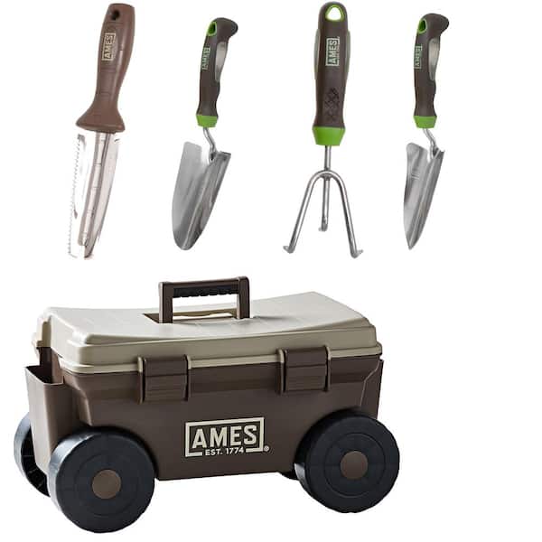 Ames 5-Piece Digging, Transferring, and Cultivating Garden Tool Set with Rolling Cart