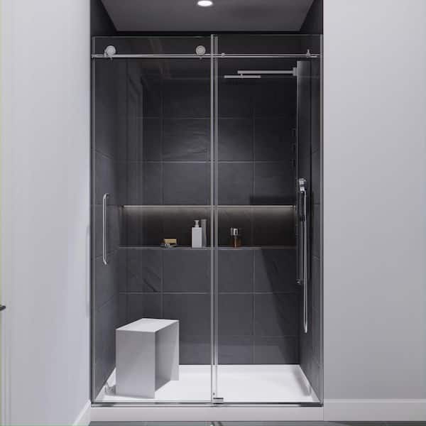 ANZZI Leon Series 48 in. x 76 in. H Sliding Frameless Shower Door in Chrome  with Tsunami Guard Tempered Glass and Handle