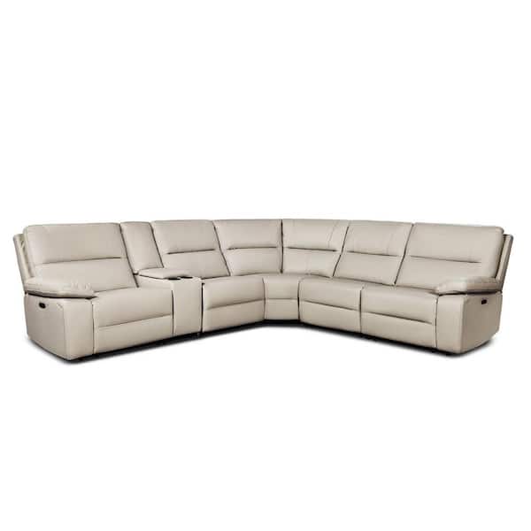 Malibu 130 in. Modern Power Motion 6-Pcs Top Grain Leather Reclining Corner Sectional w/ Cup Holders, Cream Taupe Beige
