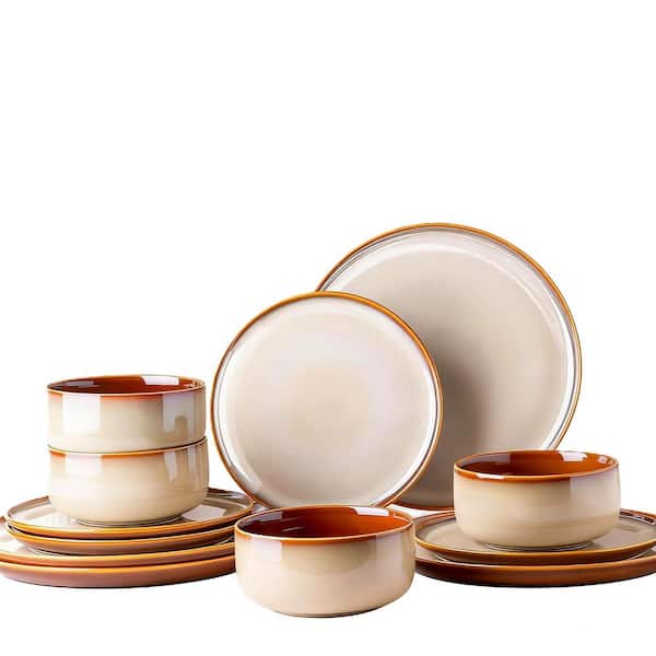 12-Piece Kahki Ceramic Dinnerware Sets Service for 4, Handmade Reactive Glaze Dishes, Oven, Dishwasher & Microwave Safe