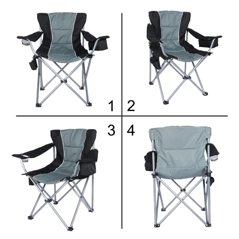 Oversized Gray Steel Frame Camping Chair with Cooler Bag