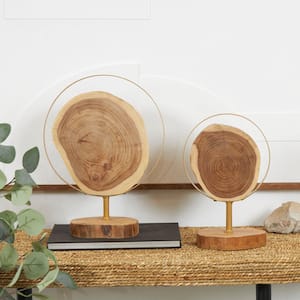 Brown Wood Handmade Live Edge Slab Abstract Sculpture with Gold Metal Rings (Set of 2)